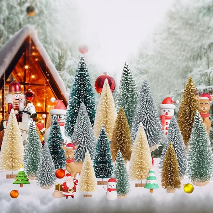 Yahpetes Artificial Mini Christmas Trees, 30 Pcs Sisal Snow Pines in 5 Sizes, Crafting Displaying Decoration, Tabletop Xmas Tree for Home, Party