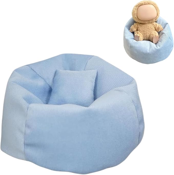 Miniature Sofa for Labubu, Cute Doll Seat for 17cm Labubu, Handmade Bean Bag Chair with Pillows, Soft Lazy Sofa Seat Miniature Couch for Dollhouse Furniture Decoration (Blue)