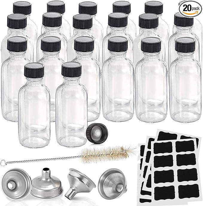 Hadatido 20pack Shot Bottles With Caps,Whiskey Sample Bottles 2oz Glass Shot Wellness Bottle for Homemade Liquor,Juice,Ginger Shots,Potion,Vanilla Extract,Tincture,With Funnels,Labels,Brush,No Leakag