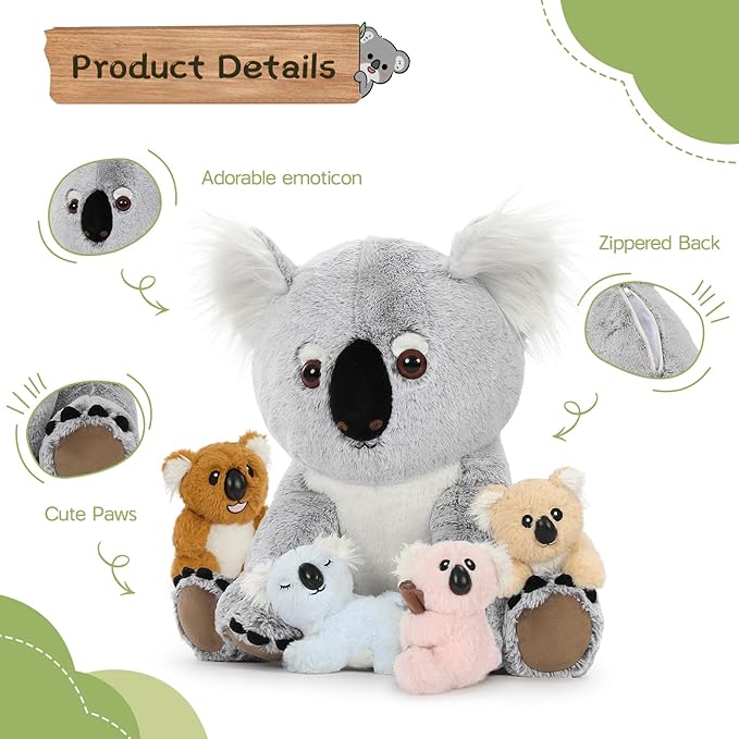 5Pcs Koala Bear Stuffed Animal 17.7 Inch, Mom Koala Plush Toy with 4 Adorable Babies Plushies in Zippered Back, Christmas Birthday Gift for Kids Boys Girls, Room Forest Party Decor