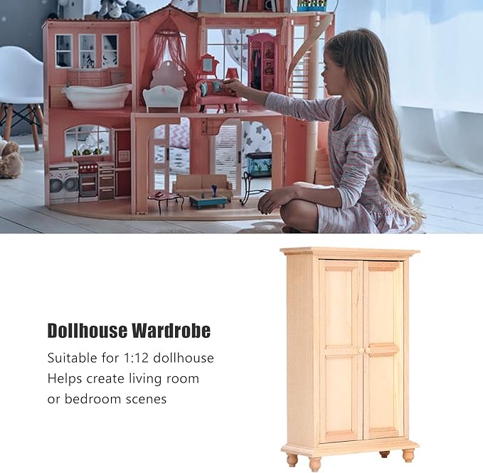 1:12 Dollhouse Wardrobe, Wooden Miniature Double Door Closet Furniture Accessory for Bedroom Living Room