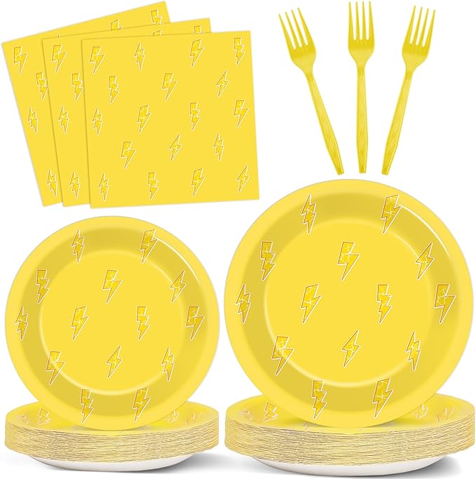96PCS Lightning Bolt Birthday Party Decorations Lightning Paper Plates Napkins Yellow Cartoon Tableware Flash Weather Dinnerware Supplies for Birthday Baby Shower Wedding Party Favors Serve 24 Guests