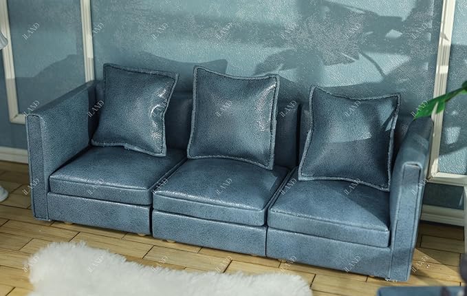 iLAND Dollhouse Furniture Miniature Sectional Couch Set for Doll House Décor Fit 1/12 Scale Accessories, Modern Blue Faux Leather Sofa Timeless & Classic