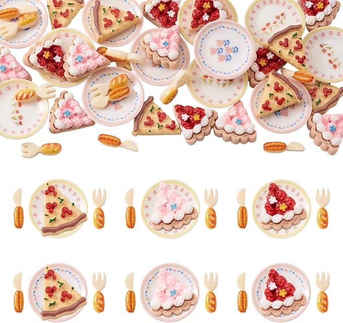 42Pcs Mini Cakes Tableware Kit Decorations Dollhouse Accessories Imitation Miniature Dessert Fork Knife High Tea Resin Cabochons Ornaments Garden Home Party Decorations Crafts Supplies