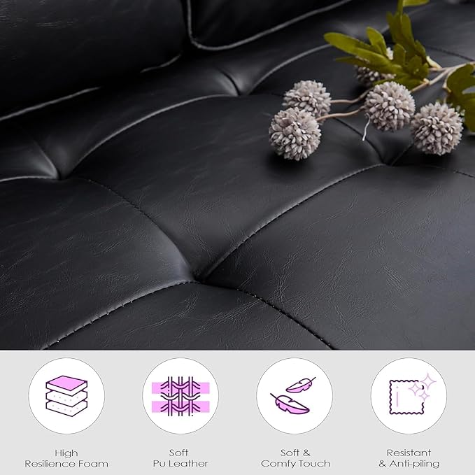 TYBOATLE 57" Small Black Faux Leather Sofa Couches, 3 Piece Living Room Set, Mid-Century Modern Tufted Comfy Loveseat, 2 Seater Office Couch Love Seat for Small Space Bedroom Drom Apartment Playroom