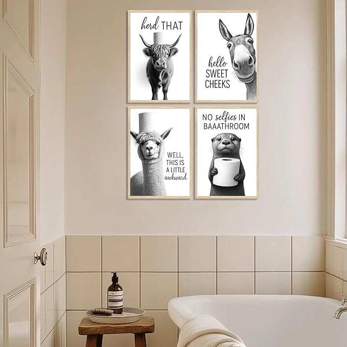 Funny Bathroom Wall Art Set of 4 Black and White Bathroom Wall Decor Toilet Paper Pictures Cute Humorous Animal Posters Prints Toilet Signs Painting Artwork Decoration 12x16in Unframed
