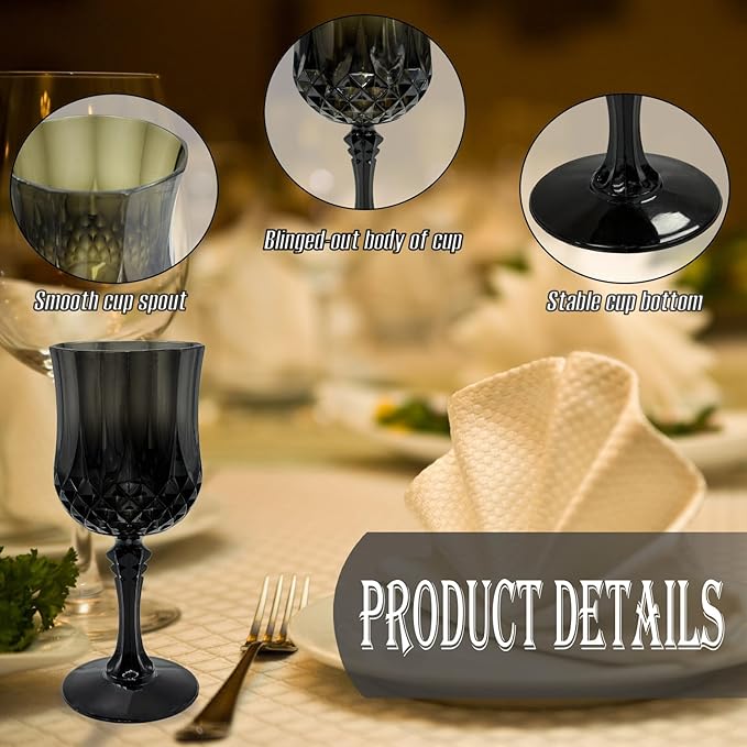 Veiuwa 24 PCS Black Plastic Wine Glasses,Reusable Plastic Wine Glasses,Black Goblet Glass,Durable and Sturdy Cups Can Be Used for Various Parties Such as Weddings!