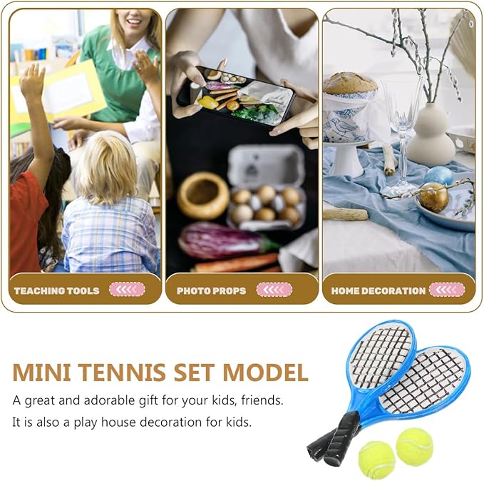 1:12 Scale Miniature Tennis Racket & Ball Set (4PCS) – Realistic Dollhouse Accessories, Resin Racket with Felt Ball for Adult Collectors & Miniature Diorama