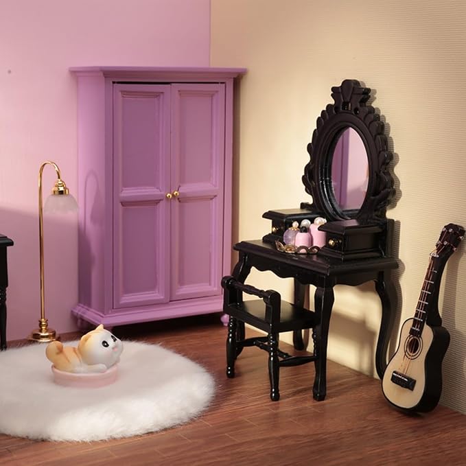 5Pcs 1:12 Dollhouse Wardrobe Furniture Set, Miniature Purple Openable Wardrobe, Dresser with Stool, Floor Lamp & Tiny Accessories for Bedroom Furniture