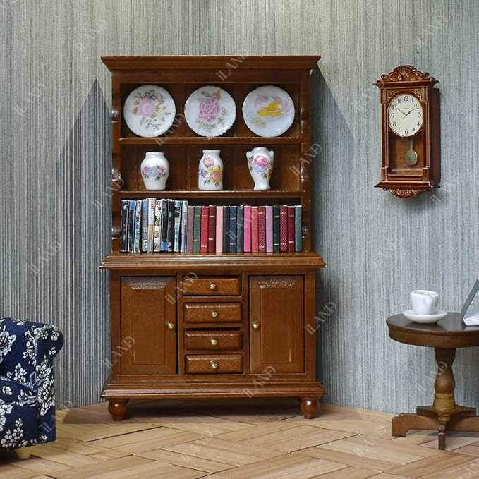 iLAND Miniature Dollhouse Accessories on 1:12 Scale, Grandfather Wall Clock and Record Player, elf Accessories