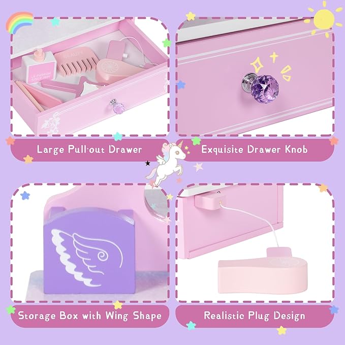 BRINJOY Wooden Vanity Set for Kids, Toddler Tabletop Beauty Salon Play Set w/Accessories & Drawer, Princess Makeup Pretend Play Vanity Table Toy with Mirror for Little Girls Age 3-8