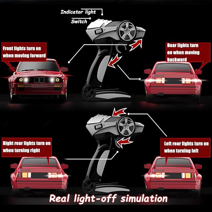 1:16 Scale RC Drift Car, 30KM/H 4WD 2.4GHz Remote Control Cars with LED Light, Racing and 4 Drifting Wheels, 3 Rechargeable Batteries, Perfect Toy Gift for Teen Adults Red