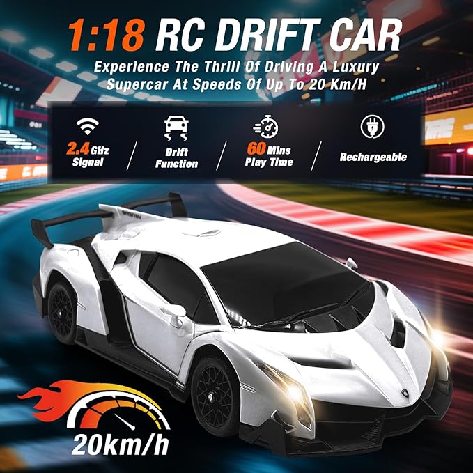 Lamborghini Remote Control Car for Boys 3-7, 1:18 Scale Lambo Toy Car Official Licensed,RC Drift Car 20Km/h with LED Lights, 2.4GHz RC Cars for Adults Boys Girls 8-12 Birthday Gifts(White)
