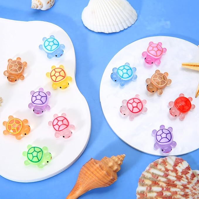 100 Pcs Luminous Mini Resin Turtles, Tiny Sea Turtle Animals to Hide Miniature Figures Glow in the Dark Small Plastic Ocean Animal for Fairy Garden Micro Landscaping Dollhouse Home Decor Party Gifts