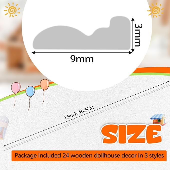 Relaxgiant 12 Pcs Miniature Dollhouse Trim Dollhouse Accessories 3 Styles on 1: 12 Scale 16'' Long Wooden Trims Finishing Corner (Contemporary Rounded)