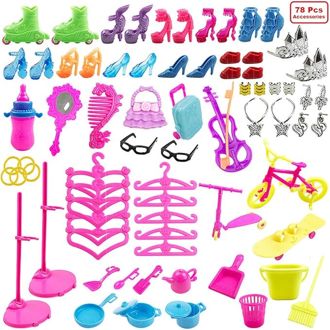 90Pcs Doll Clothes and Accessories for 11.5 Inch Girl Dolls Set Contain 10 Different Handmade Party Grown Outfits, 1 Handmade Wedding Dress, 1 Mermaid Dress, 78 Accessories for Girl Doll