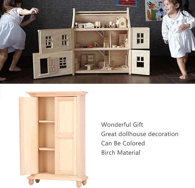 1:12 Dollhouse Wardrobe, Wooden Miniature Double Door Closet Furniture Accessory for Bedroom Living Room