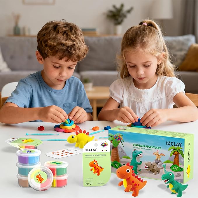 Air Dry Clay for Kids - 6 Dinosaur Themed Modeling Clay Kit, Model Magic Clay with Sculpting Tools and Tutorials, Ultra Light & Soft, Non-Toxic & Safe, DIY Arts and Crafts School Projects for Kids