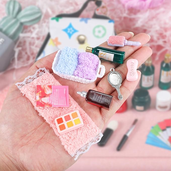 62 Pcs Miniature 1: 12 Scale Dollhouse Decoration Accessories Include Dollhouse Toothbrush Toothpaste Towel Mask Soap Lipstick Comb Shampoo Lotion Cleansing Cream Perfume Bag