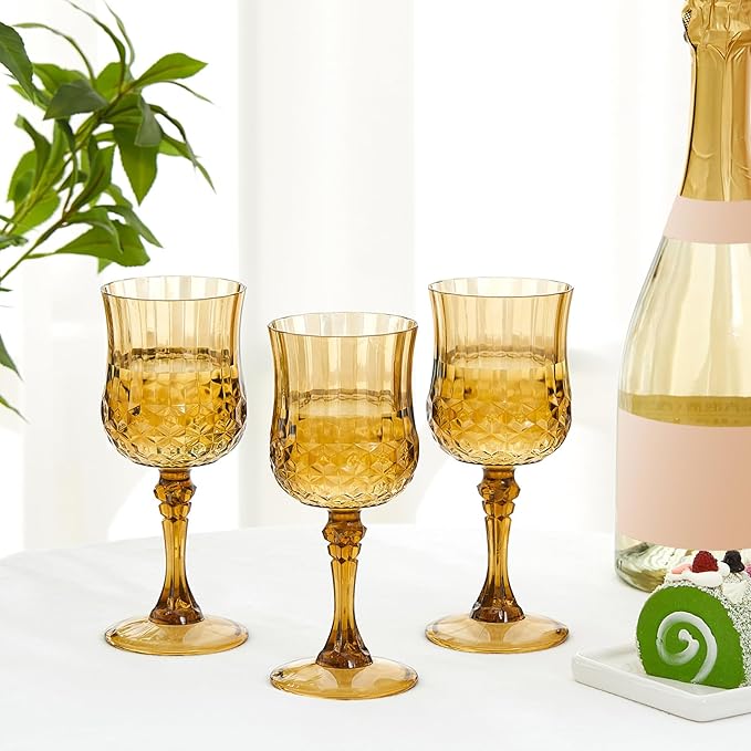 Pinkunn 6 Pcs 7 oz Plastic Vintage Wine Glasses Reusable Colored Goblets Patterned Drinking Water Glasses Cup Dishwasher Safe for Valentine's Day Wedding Reception Party Supplies (Gold)