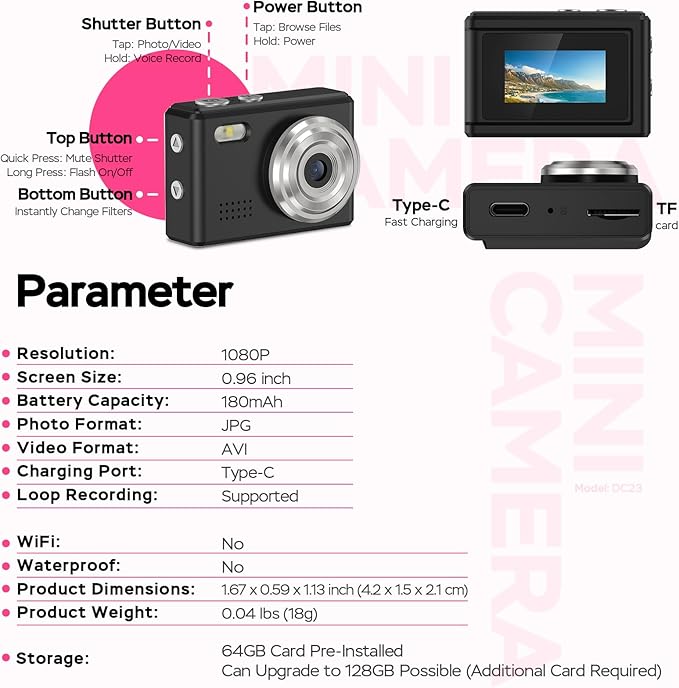 Dienspeak Mini Camera 1080P HD Video Recorder - Keychain Digital Camcorder with 64GB Card, 0.96" HD Display, Long Battery Life, Ultra-Portable Tiny Camera for Travel/Vlog/Night Shots, Black