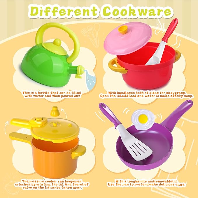 Kids Kitchen Playset, 66PCS Toddler Pretend Cooking Toys with Pots and Pans, Play Food, Utensils,Cookware, Play Food Set,Cutting Toys Fruit Veges,Educational Role Play Set for Toddlers Boys Girls