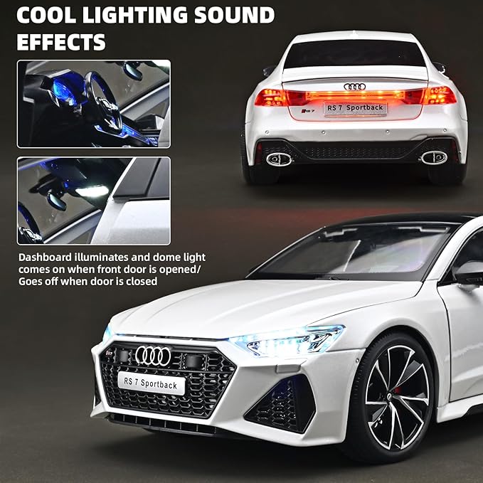 Model Car Kits for Adult 1/18 Diecast Cars Compatible with Audi RS7 Sportback Car Collection,Remote Control Key Version Metal Toy Cars with Lights and Sounds,Toy Cars for Boys Age 4-7（White）