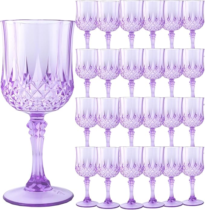 LEYIQU Plastic Wine Glasses, Plastic Goblets Vintage Style Cordial Drinking Glasses for Valentine’s Day, Wedding Reception, Grand Event Party Supplies (24, Purple)