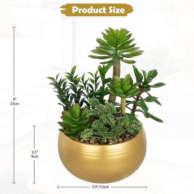 DILATATA Artificial Succulent Plants in Gold Pot Faux Succulent Arrangement Fake Potted Plants with Pebbles for Home Office Desk Shelf Table Decor
