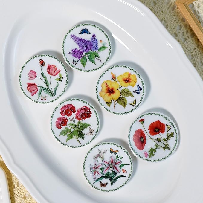 6PCS Handcrafted Miniature Ceramic Plates in 1:12 or 1:6 Scale, Vintage Porcelain Playhouse Dishes (Garden-A, 4CM)