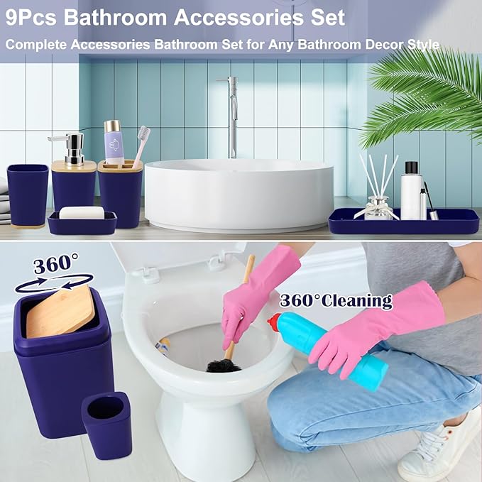 Bathroom Accessories Set, 9 Piece Navy Blue Bathroom Accessory Set with Trash Can,Toothbrush Holder,Toothbrush Cup,Lotion Soap Dispenser,Vanity Tray,Soap Dish,Toilet Brush,Qtip Holder