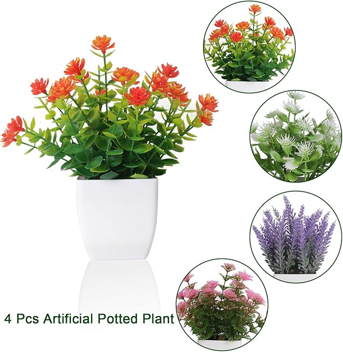Yoratee Artificial Potted Flowers 4pcs Fake Small Plant in Pot Mini Faux Plant Door House Office Tabletop Kitchen Colorful Greenery Decor