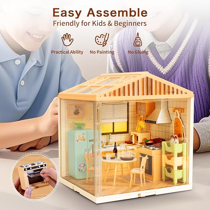 Hallisun LED Building Blocks for Adults, 1:24 DIY Miniature Dollhouse Kits with Roof & Dustproof Cover, Tiny House Toy Building Sets for Kids Ages 8-12-15, Birthday Hobbies Gift for Men Women Boy Girl