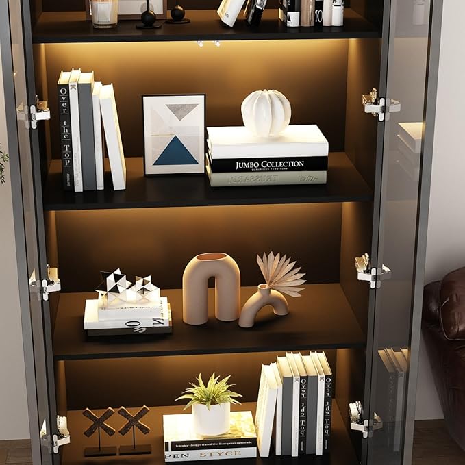 FAMAPY Display Cabinet with Lights, Glass Cabinet with Doors and 4 Tier Shelves, Bookcase Display Case for Collectible, Living Room Office, Black 31.5”W x 15.7”D x 63”H