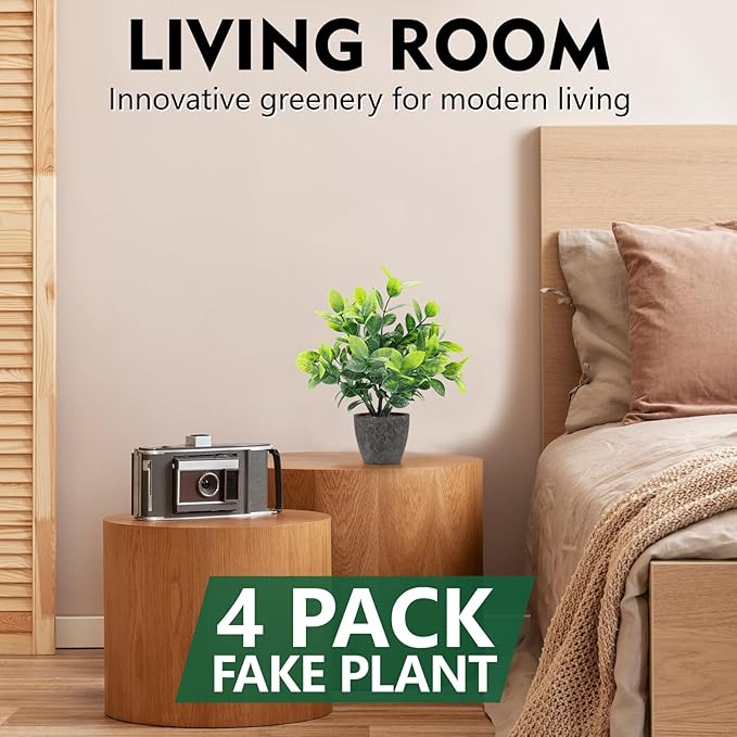 FAVOWREATH 4 Pack Fake Plants Ceramic Mini Artificial Greenery Potted Plants for Home, Office, Room, Farmhouse, Indoor Table, Bathroom Decor