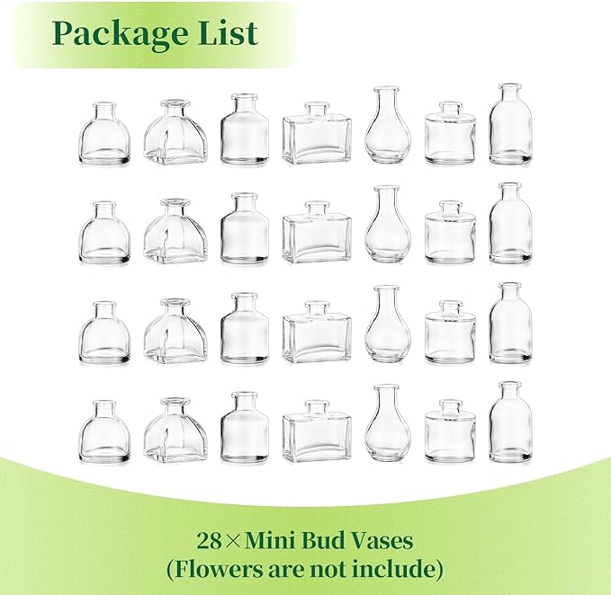 Hewory Mini Bud Vases for Centerpieces: 28pcs Small Glass Vase Bulk - Clear Tiny Vases for Wedding Baby Shower Birthday Party Events Table Decor