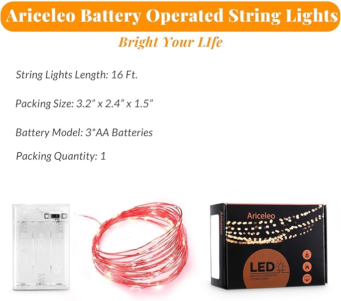 Ariceleo Led Fairy Lights Battery Operated, 1 Pack Mini Battery Powered Copper Wire Starry Fairy Lights for Bedroom, Christmas, Parties, Wedding, Centerpiece, Decoration (5m/16ft Red)