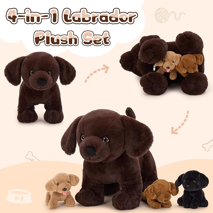4Pcs Lab Plush Toy, 15.7" Chocolate Mom Labrador Stuffed Animal with 3 Cute Stuffed Baby Dogs in Mother's Belly, Soft Lab Puppy Plushies for Kids Dog Lovers,Christmas Birthday Gift