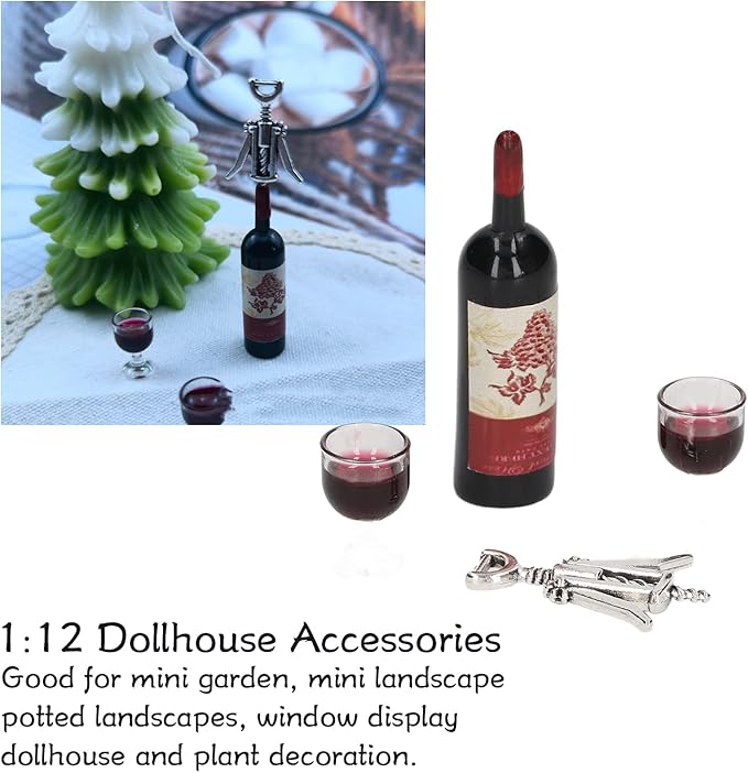 Doll House Red Wine Set 1/12 Scale Miniature Red Wine Bottles Glasses and Openers Realistic Dollhouse Accessories for Miniature Gardens and Home Decor