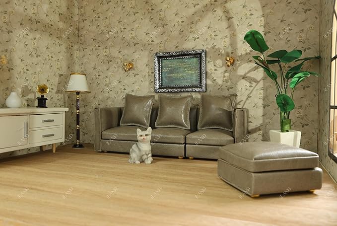 iLAND Dollhouse Furniture Miniature Sectional Couch Set for Doll House Décor Fit 1/12 Scale Accessories, Modern Gray Faux Leather Sofa Timeless & Classic