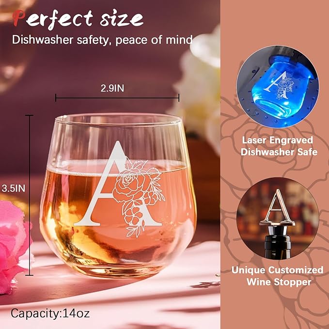 Personalized Gifts for Women, Monogrammed A-Z Wine Glass Customized Gift, Unique Wedding Birthday Gifts for Women Her Mom Friend Sister Wife Daughter Nurse - Dishwasher Safe (A)