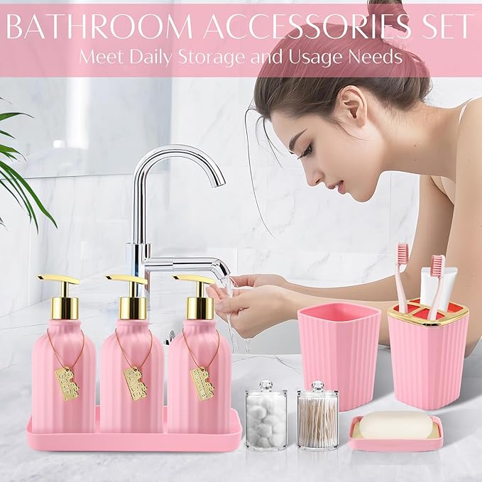 WSBArt 17PCS Bathroom Accessory Set Pink Bathroom Set Bathroom Accessories,Toilet Brush, Trash Can, Qtip Holder Dispenser& 3PCS Soap Dispenser