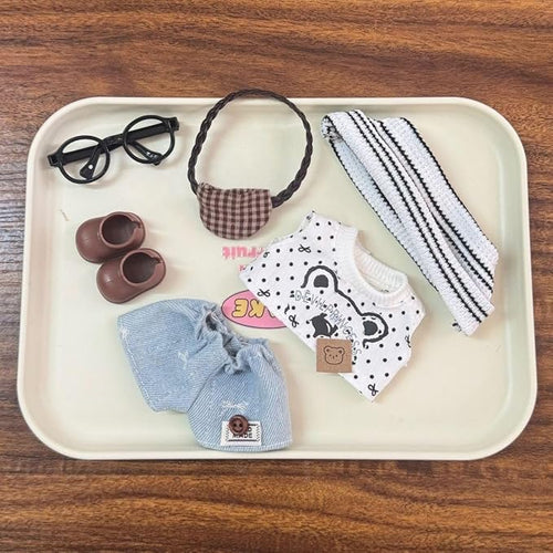17cm Doll Clothes – 6-Piece Set, Hat + Overalls + Shirt + Backpack + Glasses + Shoes, Cute and Premium Dolls Outfit Accessories (White Bear)