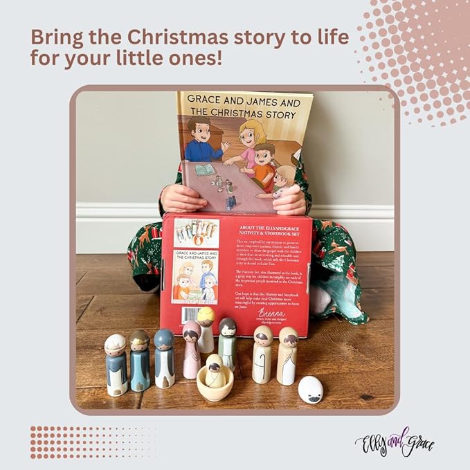 Elly and Grace Wooden Nativity Set with Manger and Book, Christmas Decoration and Book for The Holiday Season,Christmas Nativity Set