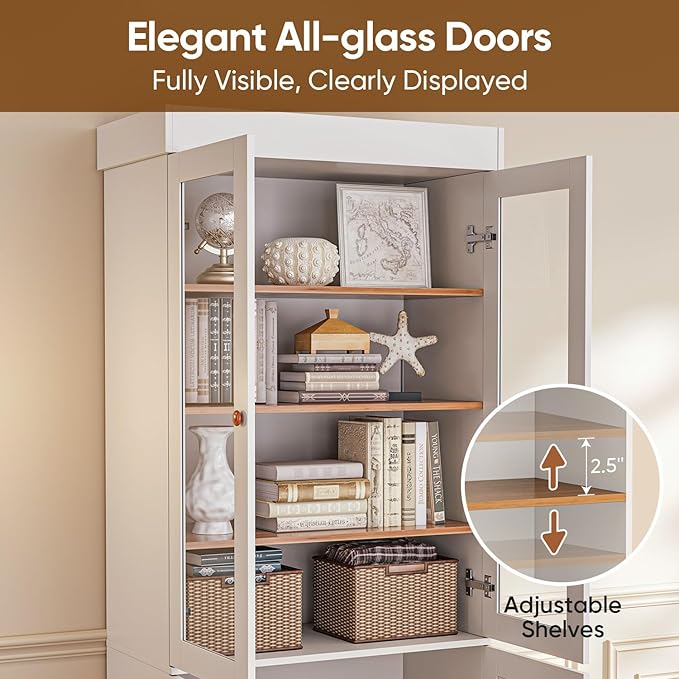 71" Tall Farmhouse Kitchen Pantry, Large Storage Cabinet with Glass Doors, Adjustable Shelves, 3 Drawer, Wood Versatile Hutch Cabinet for Dining Room, Living Room, White 2 PCS