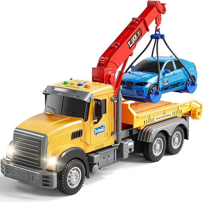 Kids Toys for 3 4 5 6 7 Years Old Boys, Tow Truck Toy,Friction Powered Transport Truck Crane Vehicle Toy with Lights and Sounds,Birthday Gifts for Boys Girls