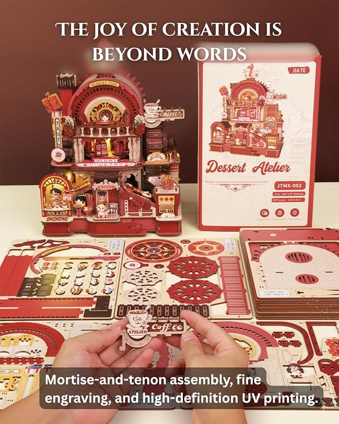 Dessert Atelier Self-Running Powered DIY Miniature House Kit – Movable Dessert & Coffee Lines Dollhouse Kit – Wood 3D Puzzles Tiny House Book Nook Christmas Halloween Birthday