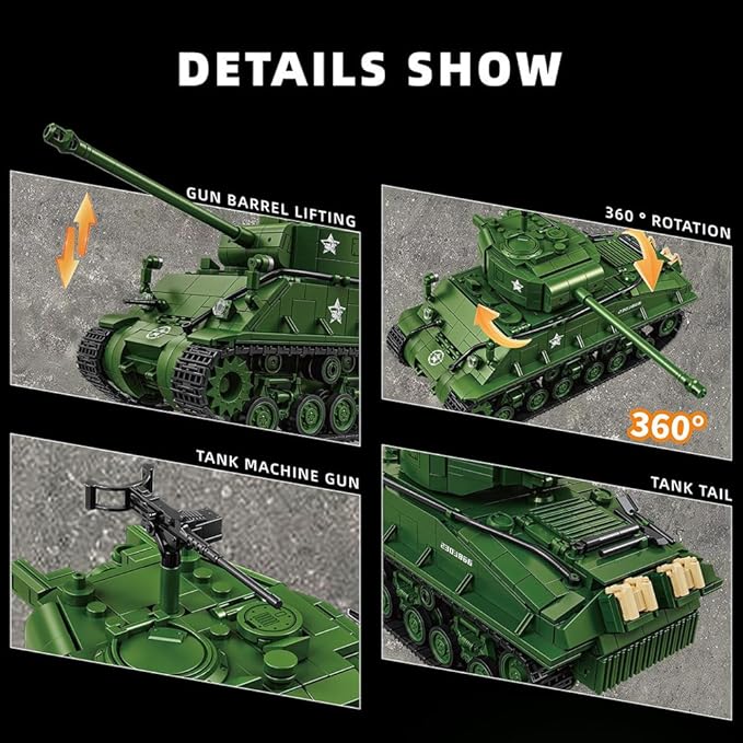 WW2 Military Tank M4 Pershing Heavy Building Block Set, 1703 Pcs WW2 Model with Rotating Gun & Figures, Army Toys for Adults & Collectors