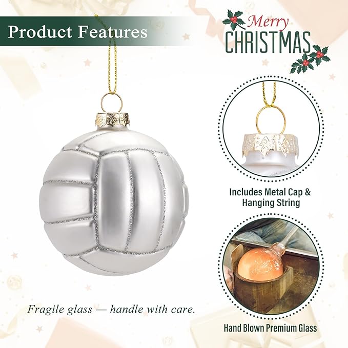 3.15” Christmas Volleyball Glass Blown Ornament, 2025 Hand-Painted Small Mini Sports Ball Decoration for Boys and Girls, Xmas Tree Holiday Decor Kids Themed Party Gifts