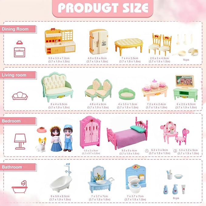 Princess Dollhouse Furniture Set, 48 Piece Luxury Miniature Accessories Collection with Living Room, Bathroom, Bedroom，Kitchen, TV Entertainment Set (Multi-Color)